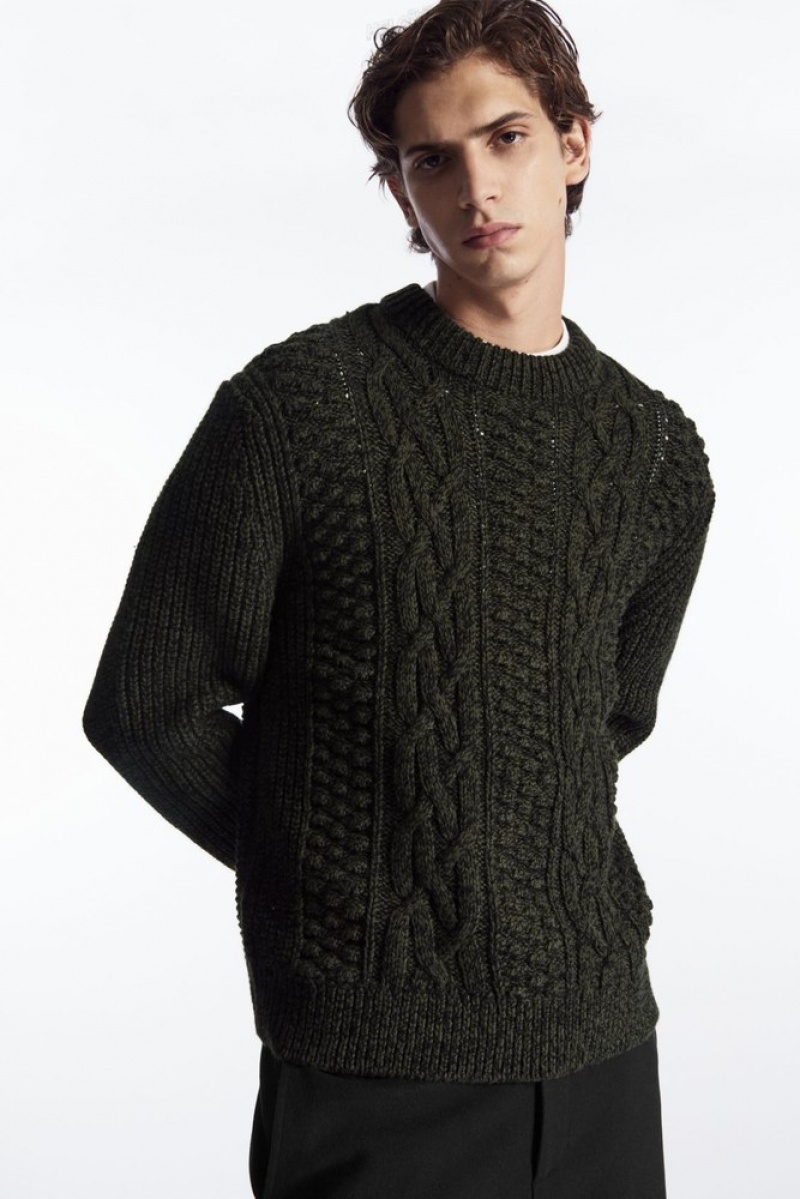 Dark Green COS Cable-Knit Wool Jumper Knitwear | 375180-QBY