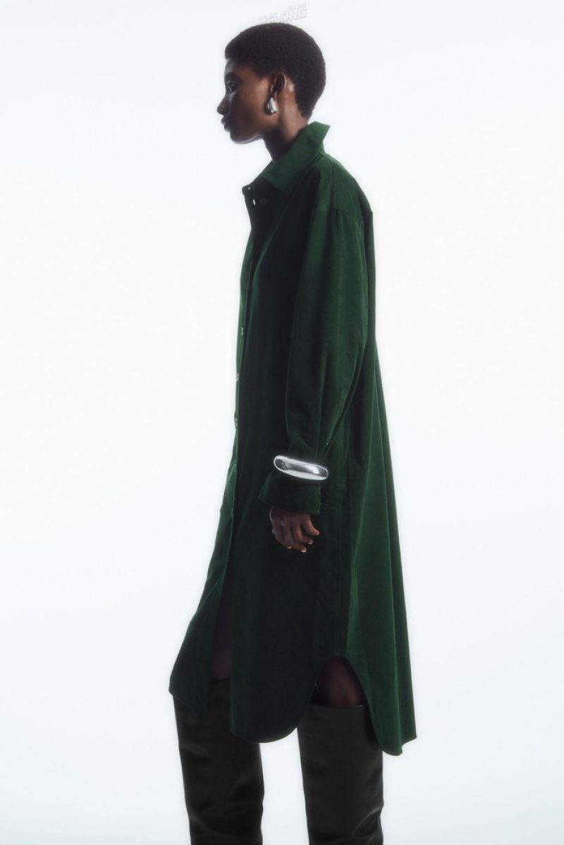 Dark Green COS Corduroy Midi Shirt Dress Dresses | 238675-LZH