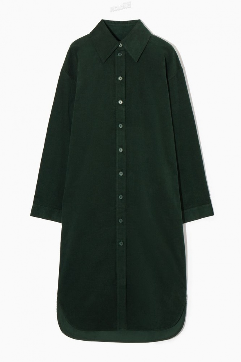 Dark Green COS Corduroy Midi Shirt Dress Dresses | 238675-LZH