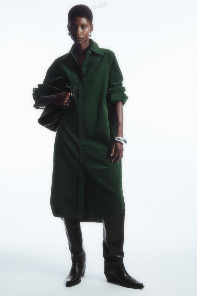 Dark Green COS Corduroy Midi Shirt Dress Dresses | 238675-LZH