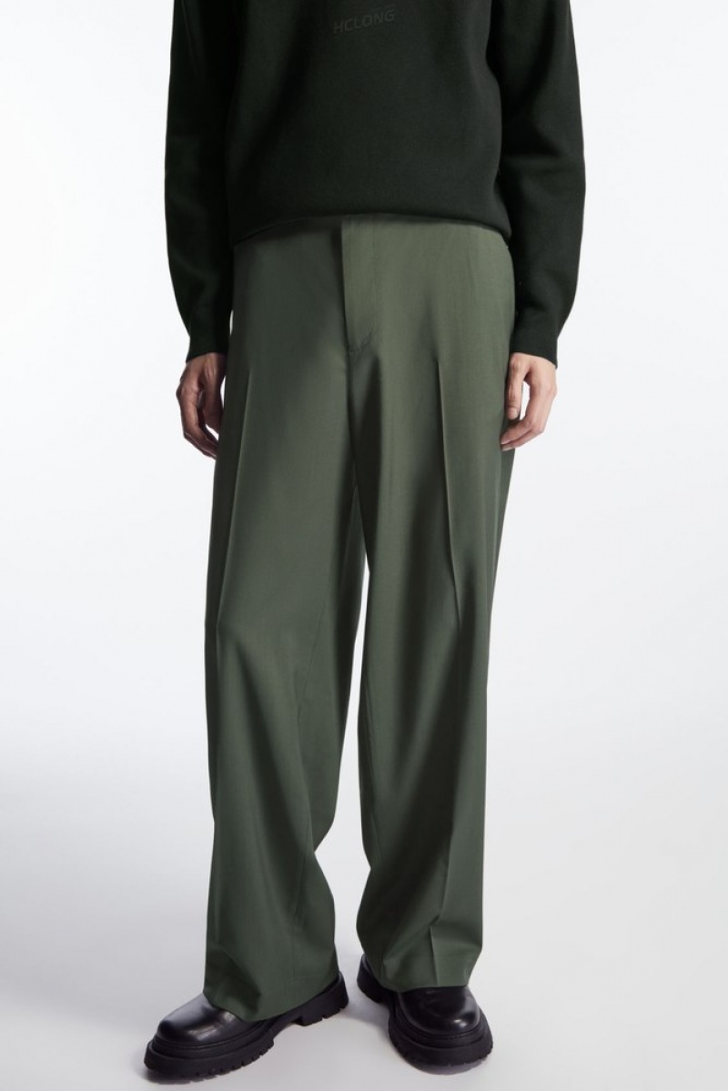 Dark Green COS Straight-Leg Relaxed Wool Pants Pants | 984657-OMJ