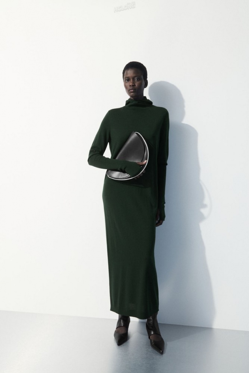 Dark Green COS The Hooded Wool Dress Dresses | 420369-VNL