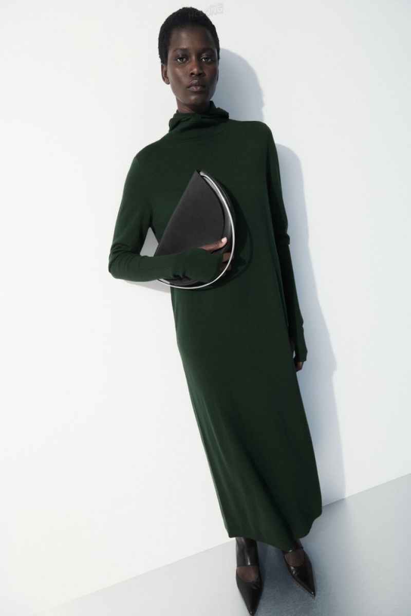 Dark Green COS The Hooded Wool Dress Dresses | 420369-VNL