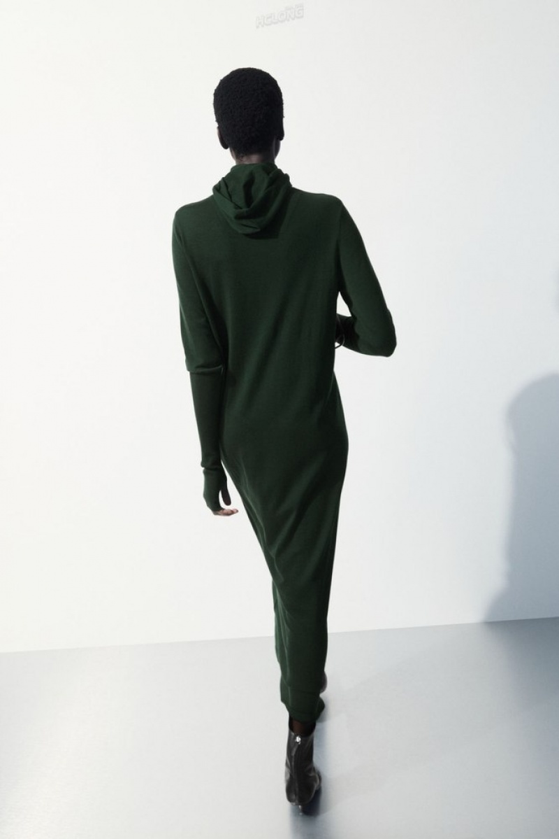 Dark Green COS The Hooded Wool Dress Dresses | 420369-VNL