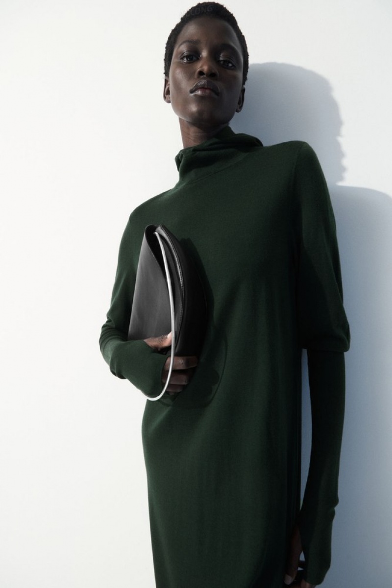 Dark Green COS The Hooded Wool Dress Dresses | 420369-VNL