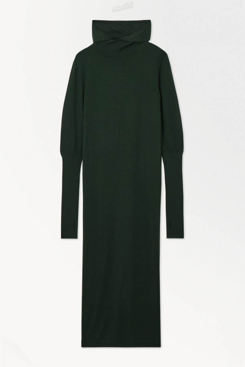 Dark Green COS The Hooded Wool Dress Dresses | 420369-VNL