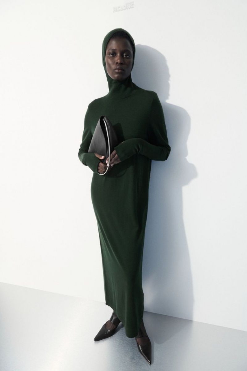 Dark Green COS The Hooded Wool Dress Dresses | 420369-VNL