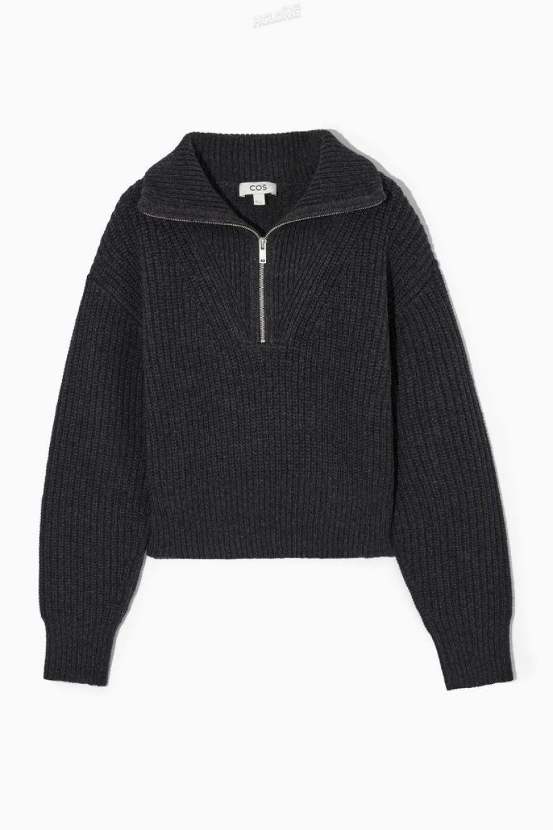 Dark Grey MéLange COS Half-Zip Funnel-Neck Wool Jumper Knitwear & Cardigans | 659043-CFQ