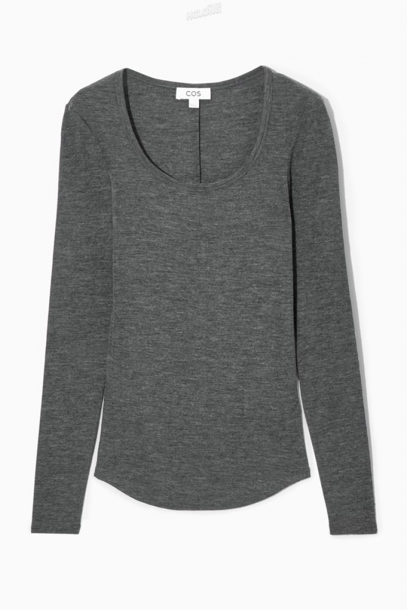 Dark Grey MéLange COS Scoop-Neck Merino Wool Long-Sleeved Top Knitwear & Cardigans | 620748-NXK