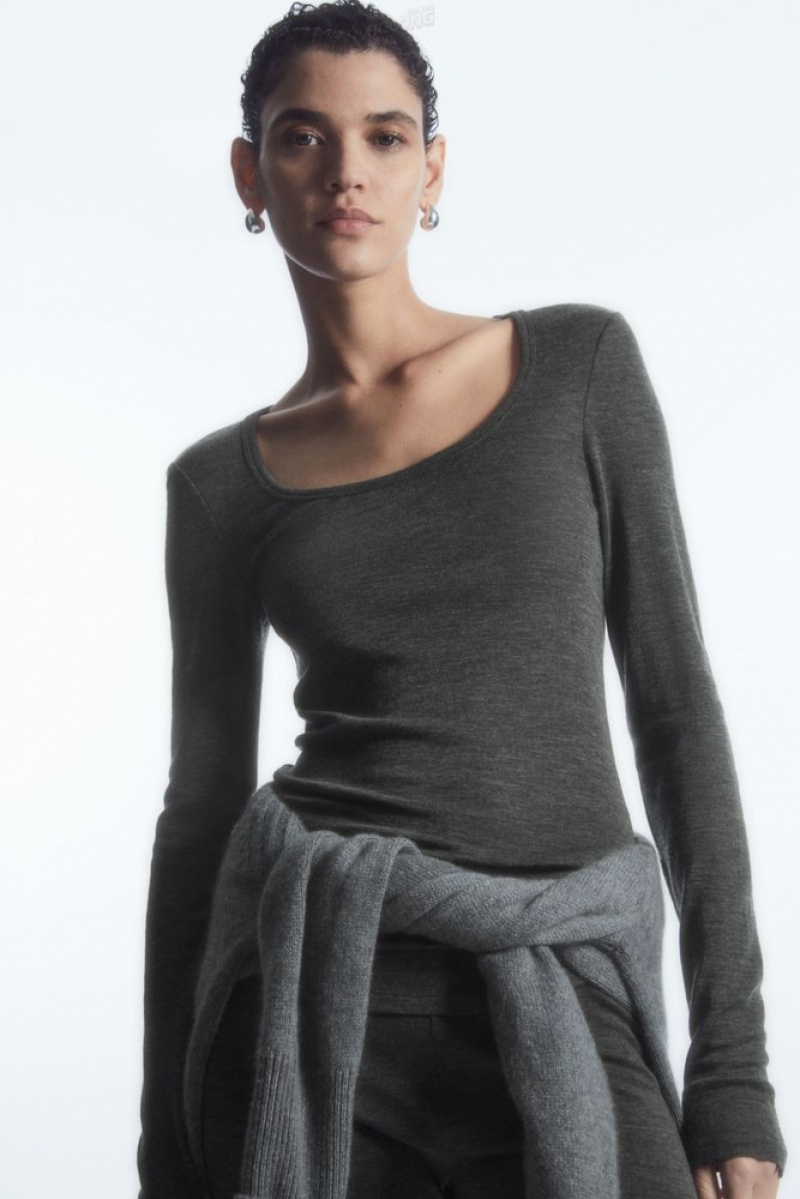 Dark Grey MéLange COS Scoop-Neck Merino Wool Long-Sleeved Top Knitwear & Cardigans | 620748-NXK