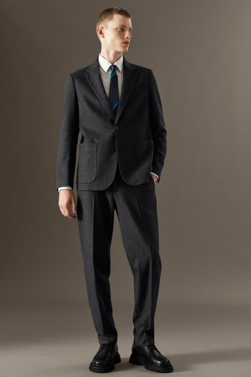 Dark Grey / Herringbone COS Herringbone Wool Trousers - Straight Trousers | 724563-OXC