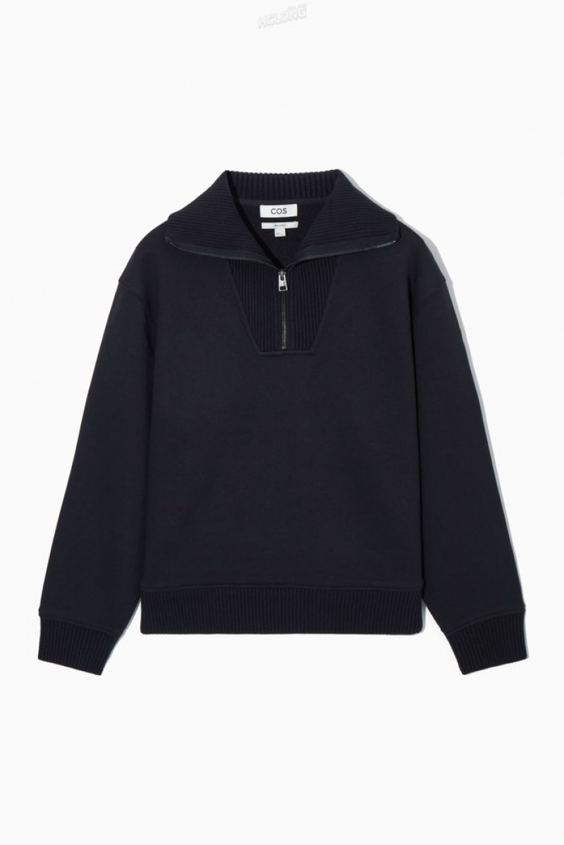 Dark Navy COS Funnel-Neck Half-Zip Sweatshirt Sweatshirts & Hoodies | 402369-SPF