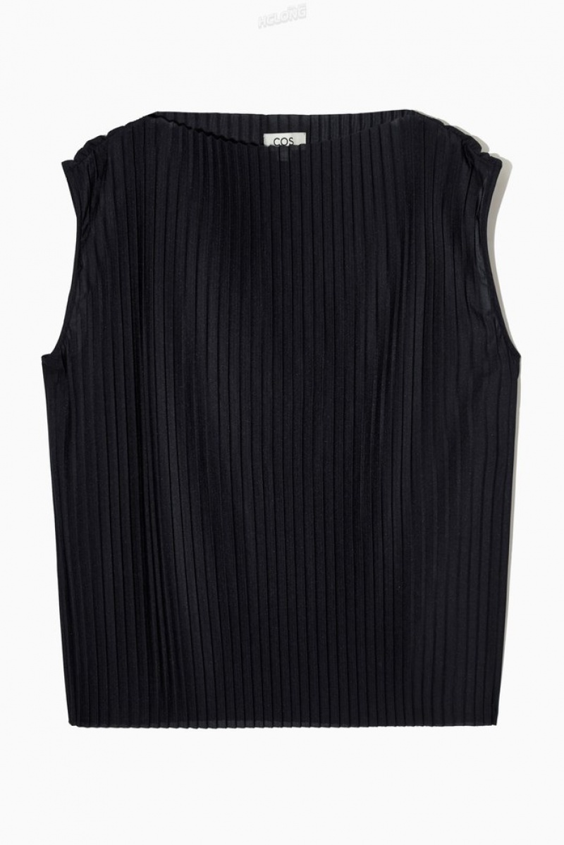 Dark Navy COS Plissé Sleeveless Top Tops | 459370-FQJ