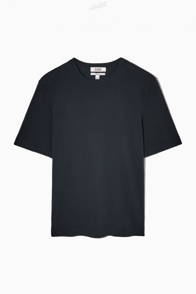 Dark Navy COS Regular-Fit Knitted-Cuff T-Shirt T-shirts | 648270-QOV