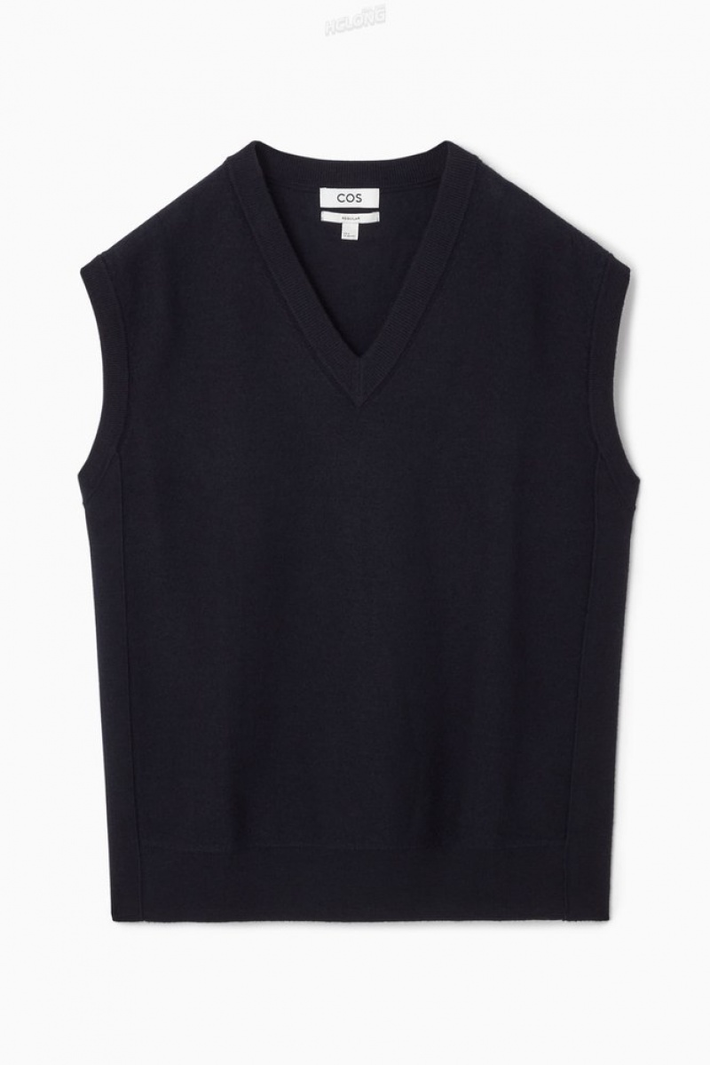 Dark Navy COS V-Neck Boiled-Wool Vest Sweaters & Cardigans | 804761-EAS