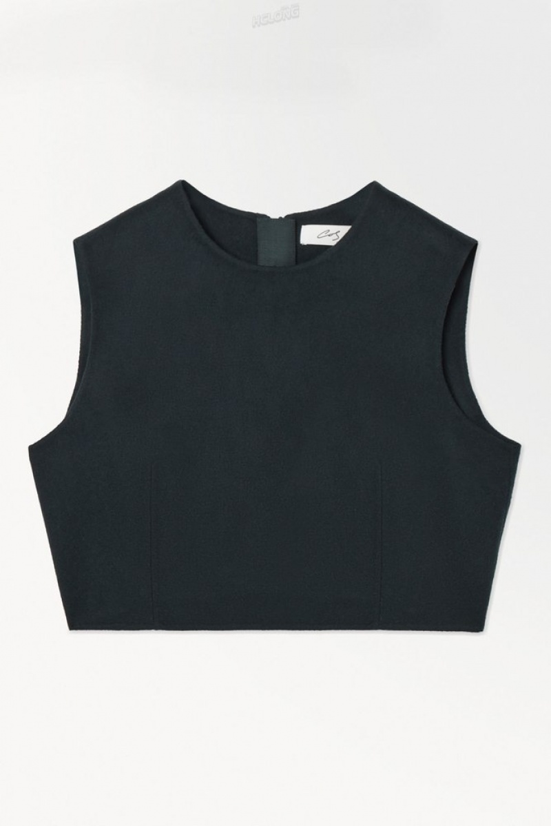 Dark Teal COS The Leather-Tasseled Wool Top Tops | 192386-TQV