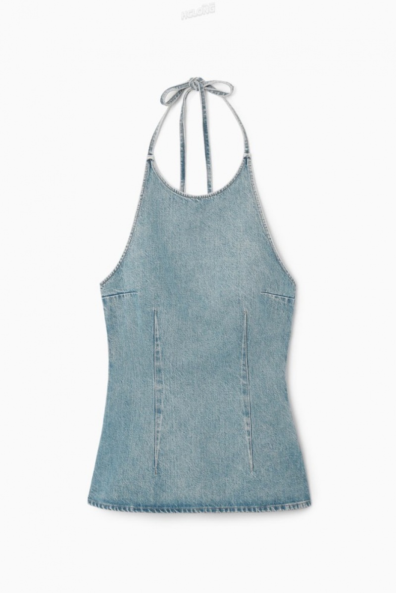 Dusty Blue COS Denim Halterneck Top Tops | 857134-UTZ