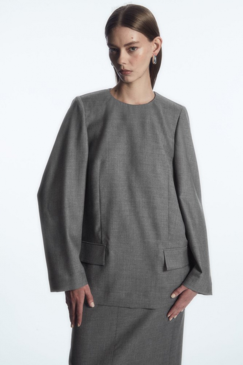 Gray COS Deconstructed Power-Shoulder Wool Top Shirts & Blouses | 917583-LMP