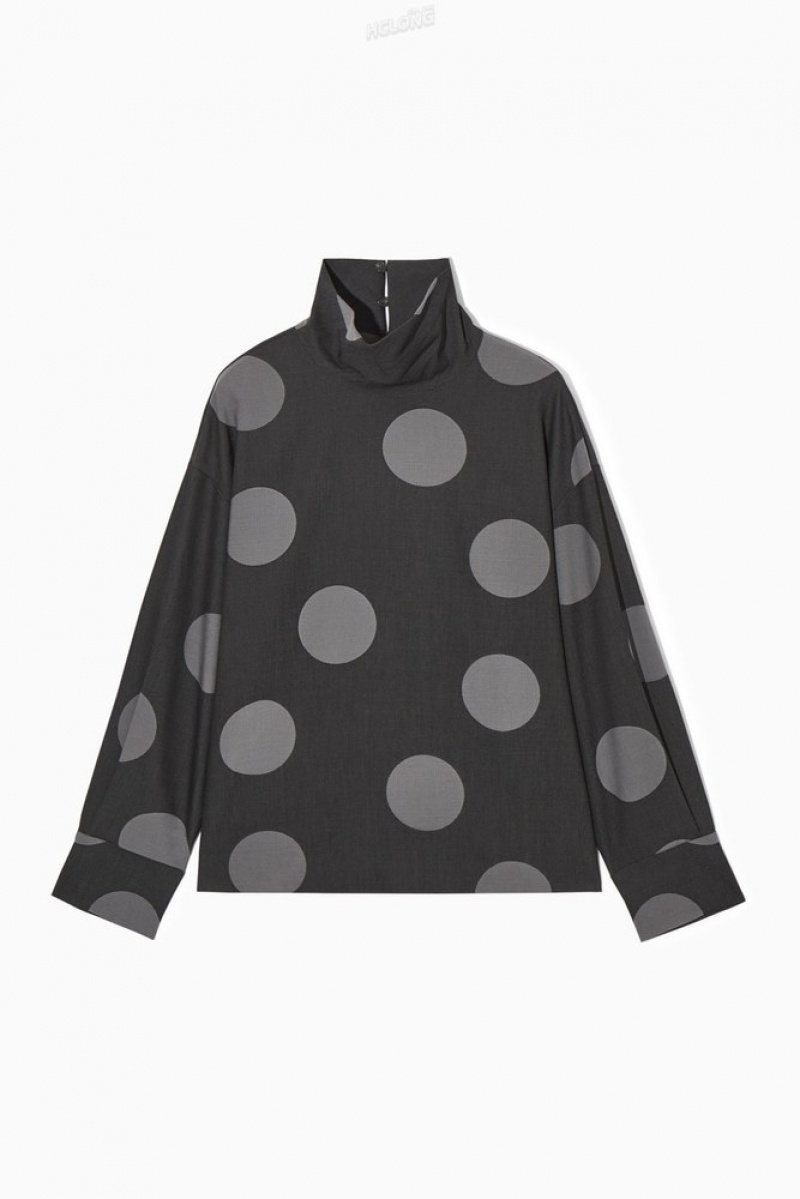 Gray / Polka-Dot COS Polka-Dot Deconstructed High-Neck Blouse Shirts & Blouses | 368502-TSF