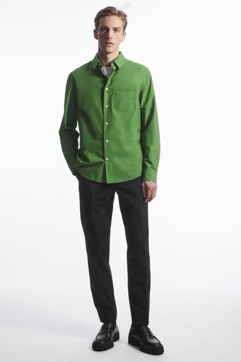 Green COS Topstitched Poplin Shirt Shirts | 950672-VOU