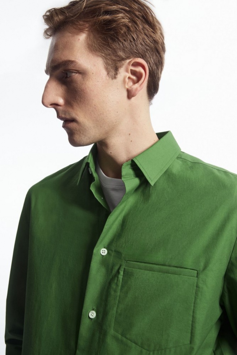 Green COS Topstitched Poplin Shirt Shirts | 950672-VOU