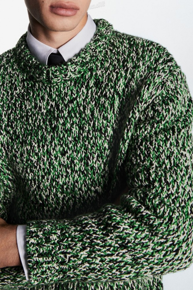 Green / Black / White COS Tri-Tone Wool Crew-Neck Jumper Knitwear | 016293-BKF