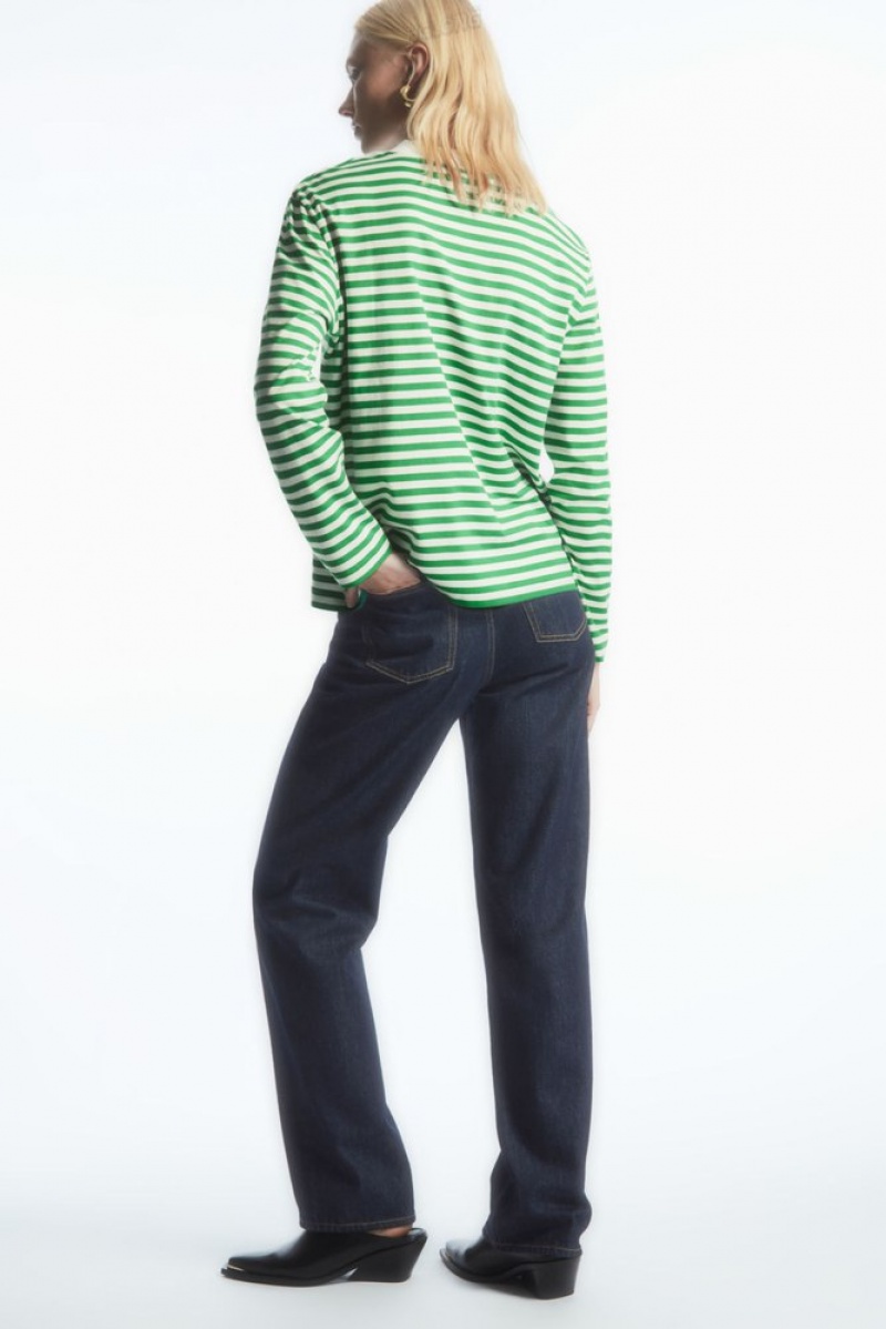 Green / Striped COS Long-Sleeved Mock-Neck T-Shirt T-shirts | 691485-YMS