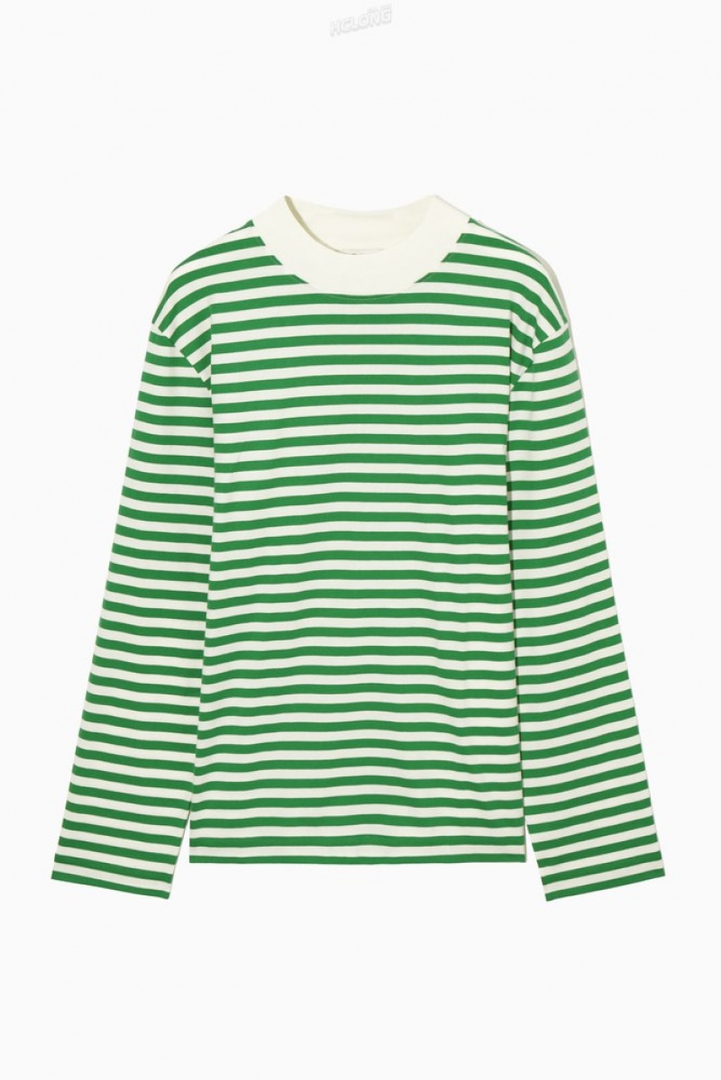 Green / Striped COS Long-Sleeved Mock-Neck T-Shirt T-shirts | 691485-YMS