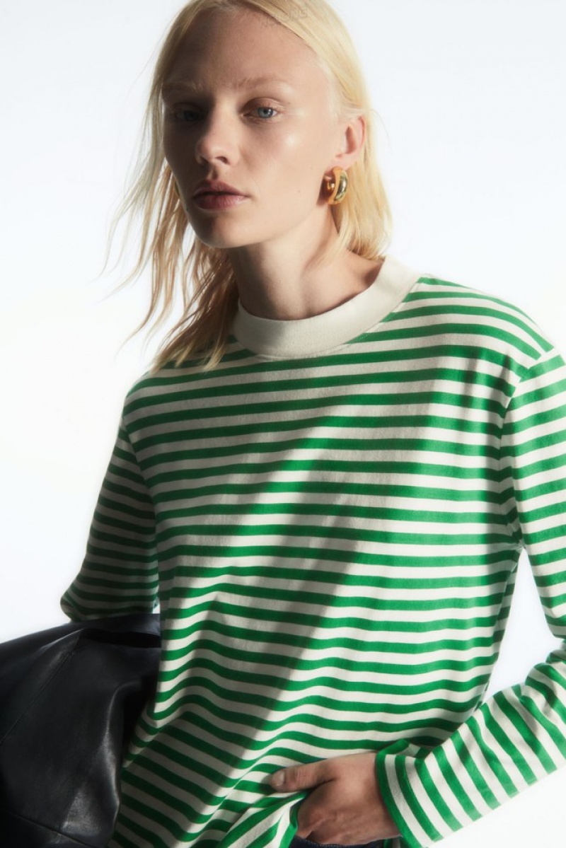 Green / Striped COS Long-Sleeved Mock-Neck T-Shirt T-shirts | 691485-YMS