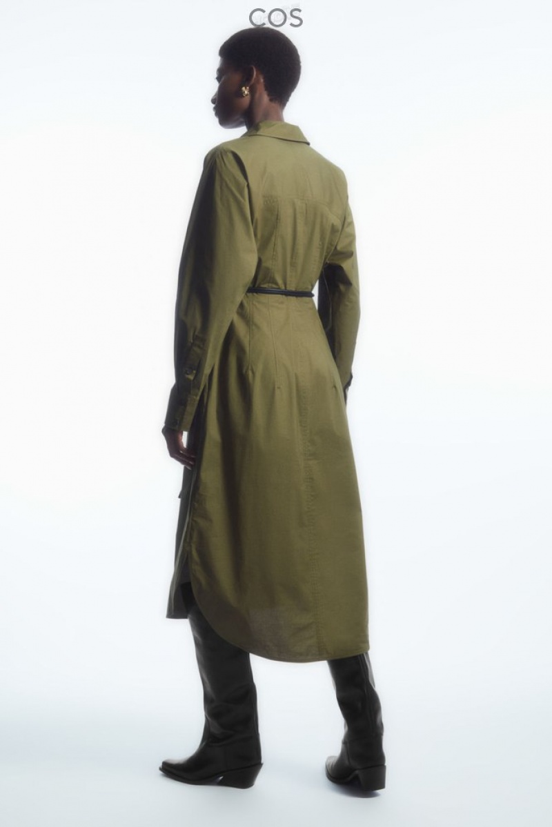 Khaki Green COS Waisted Midi Shirt Dress Dresses | 839160-MLW