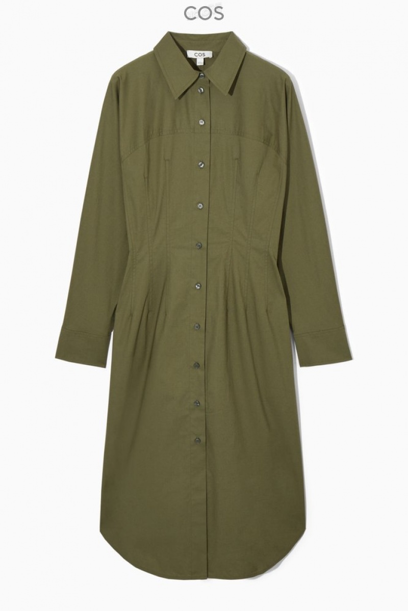 Khaki Green COS Waisted Midi Shirt Dress Dresses | 839160-MLW