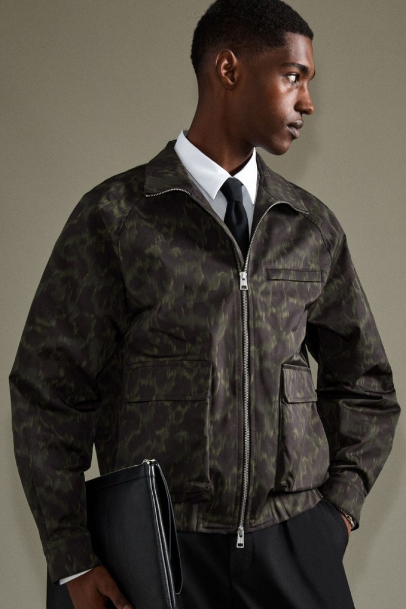 Khaki / Brown COS Animal-Print Harrington Jacket Coats & Jackets | 941380-XBE