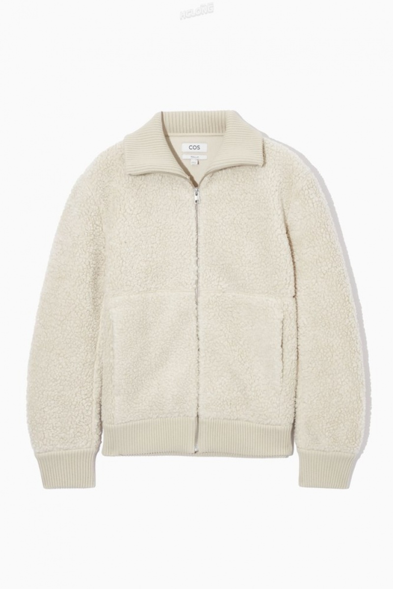 Light Beige COS Funnel-Neck Teddy Jacket Coats & Jackets | 901587-MAT