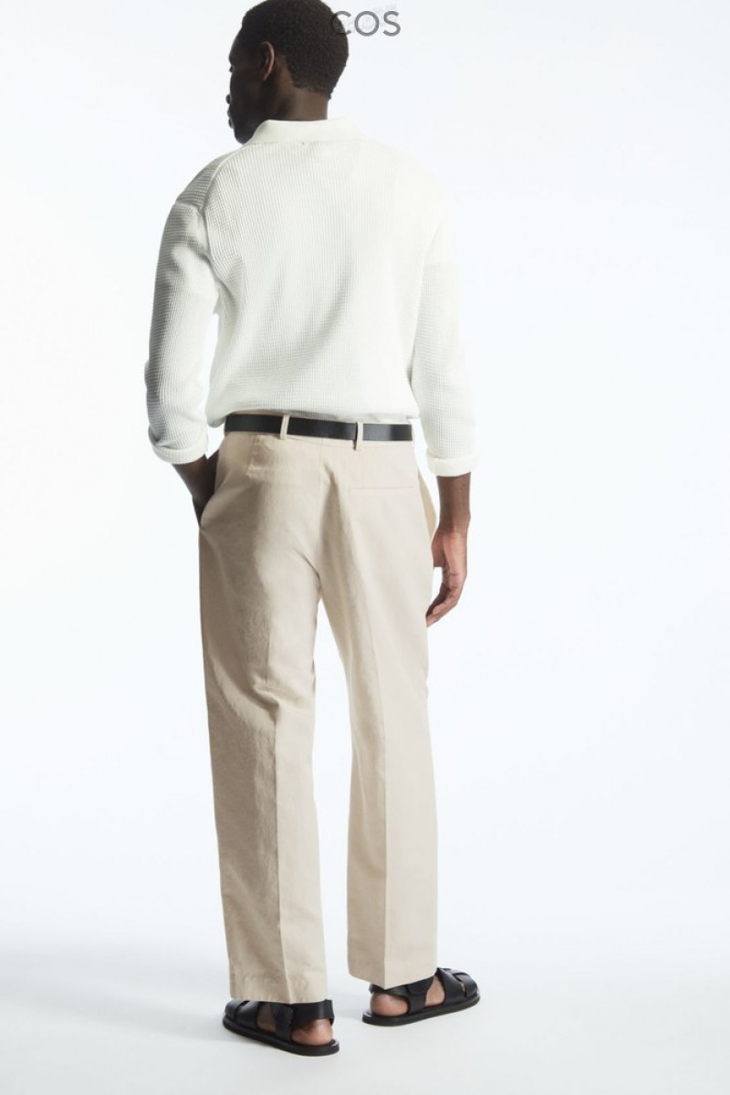 Light Beige COS Pleated Straight-Leg Linen-Blend Trousers Pants | 697382-JYF