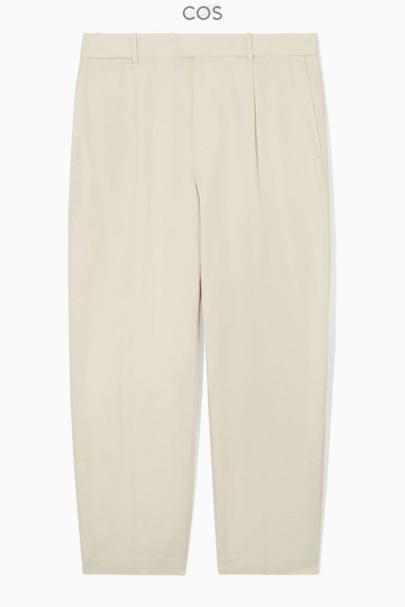 Light Beige COS Pleated Straight-Leg Linen-Blend Trousers Pants | 697382-JYF