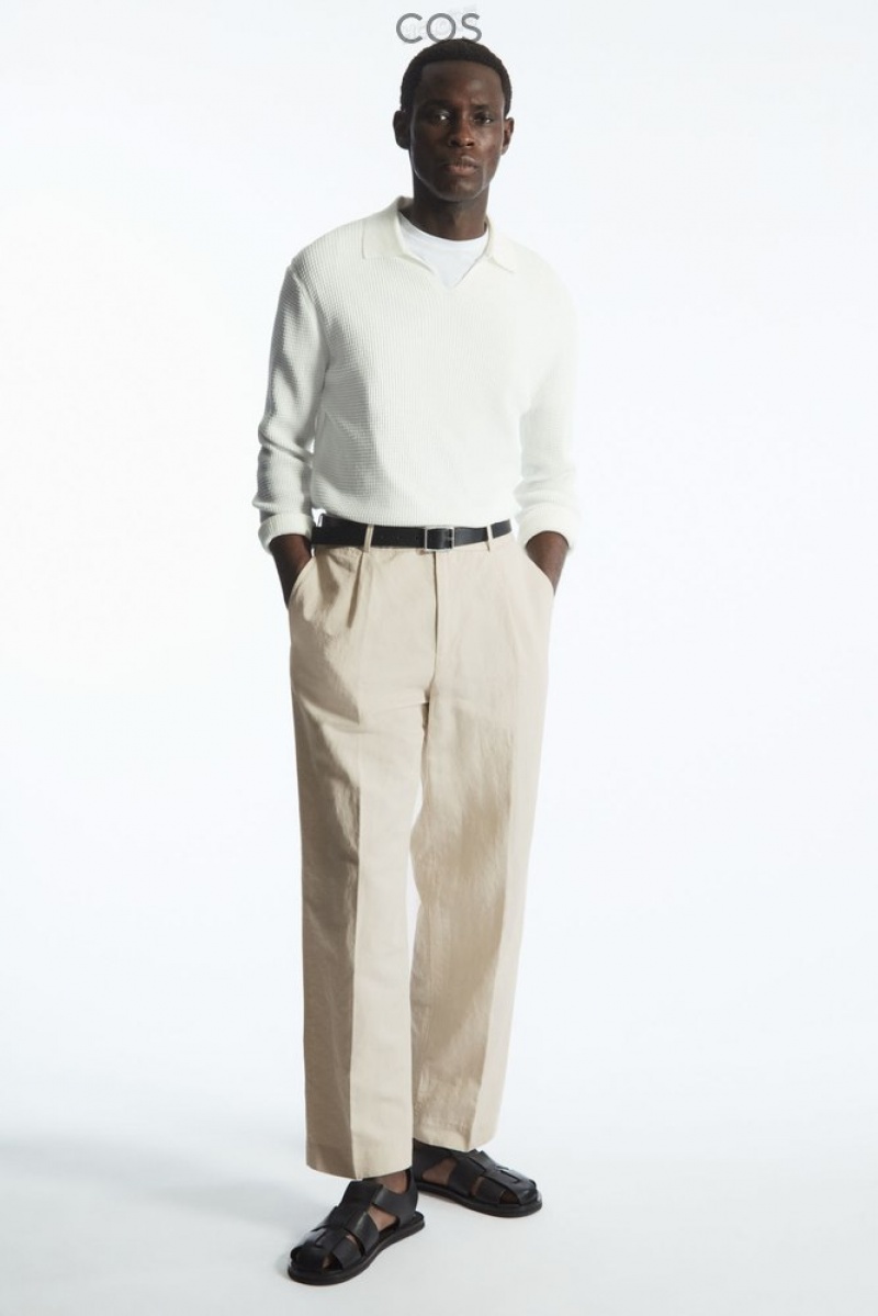 Light Beige COS Pleated Straight-Leg Linen-Blend Trousers Pants | 254076-YXP