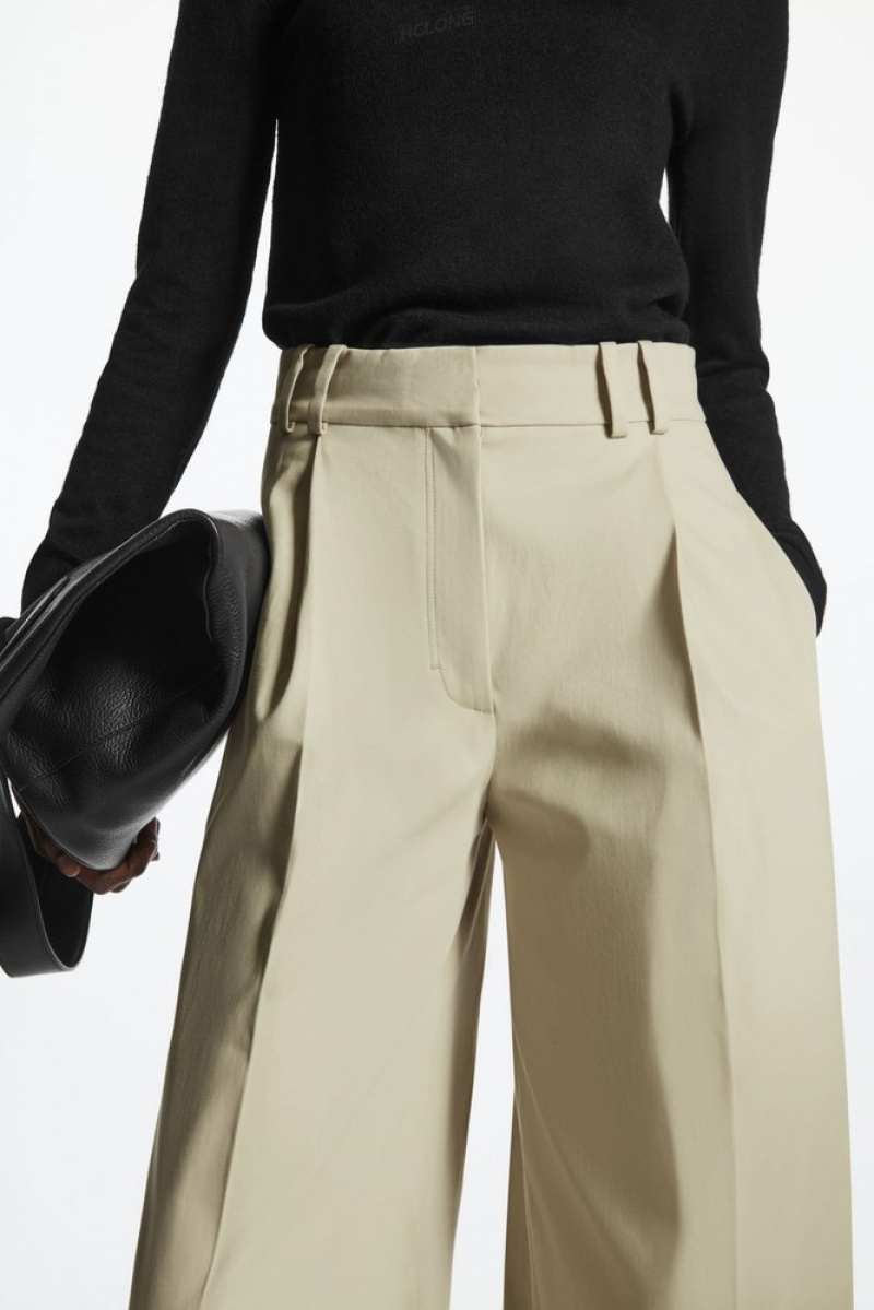 Light Beige COS Pleated Wide-Leg Utility Trousers Trousers | 681273-CFY