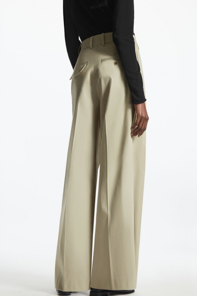 Light Beige COS Pleated Wide-Leg Utility Trousers Trousers | 681273-CFY