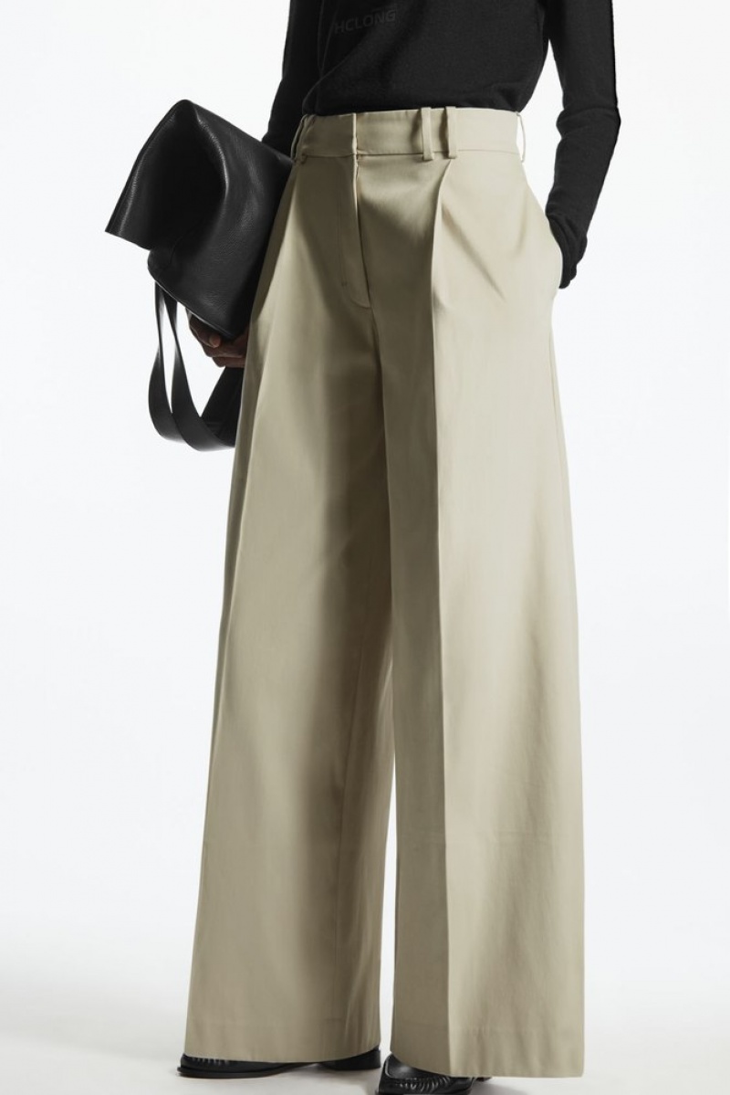 Light Beige COS Pleated Wide-Leg Utility Trousers Trousers | 681273-CFY