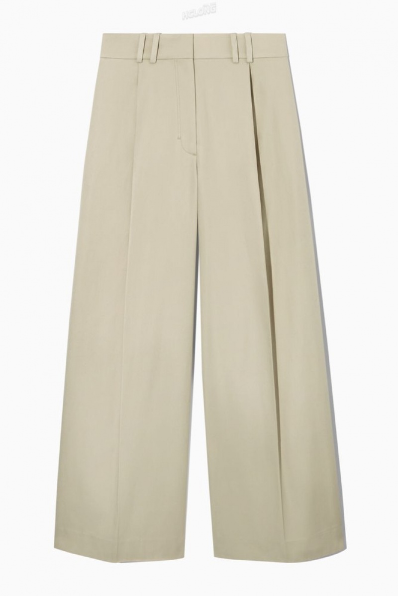 Light Beige COS Pleated Wide-Leg Utility Trousers Trousers | 681273-CFY