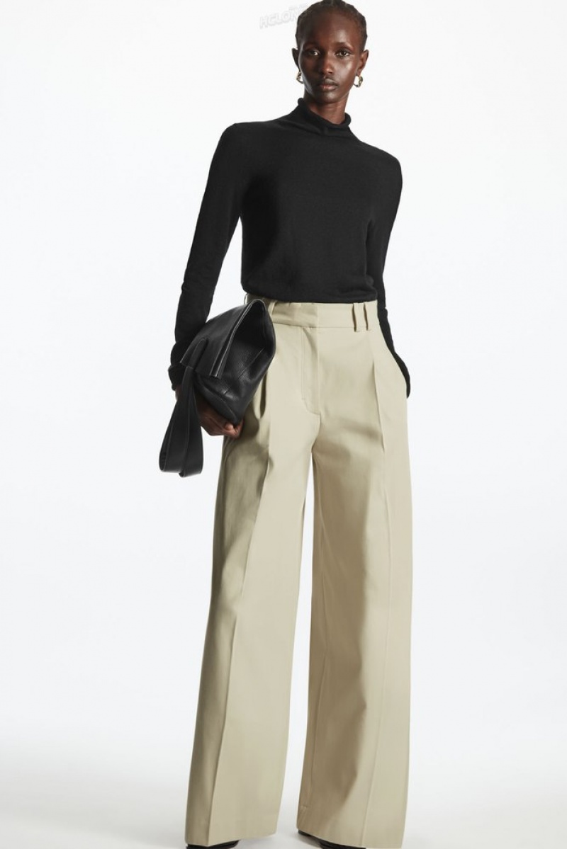 Light Beige COS Pleated Wide-Leg Utility Trousers Trousers | 681273-CFY