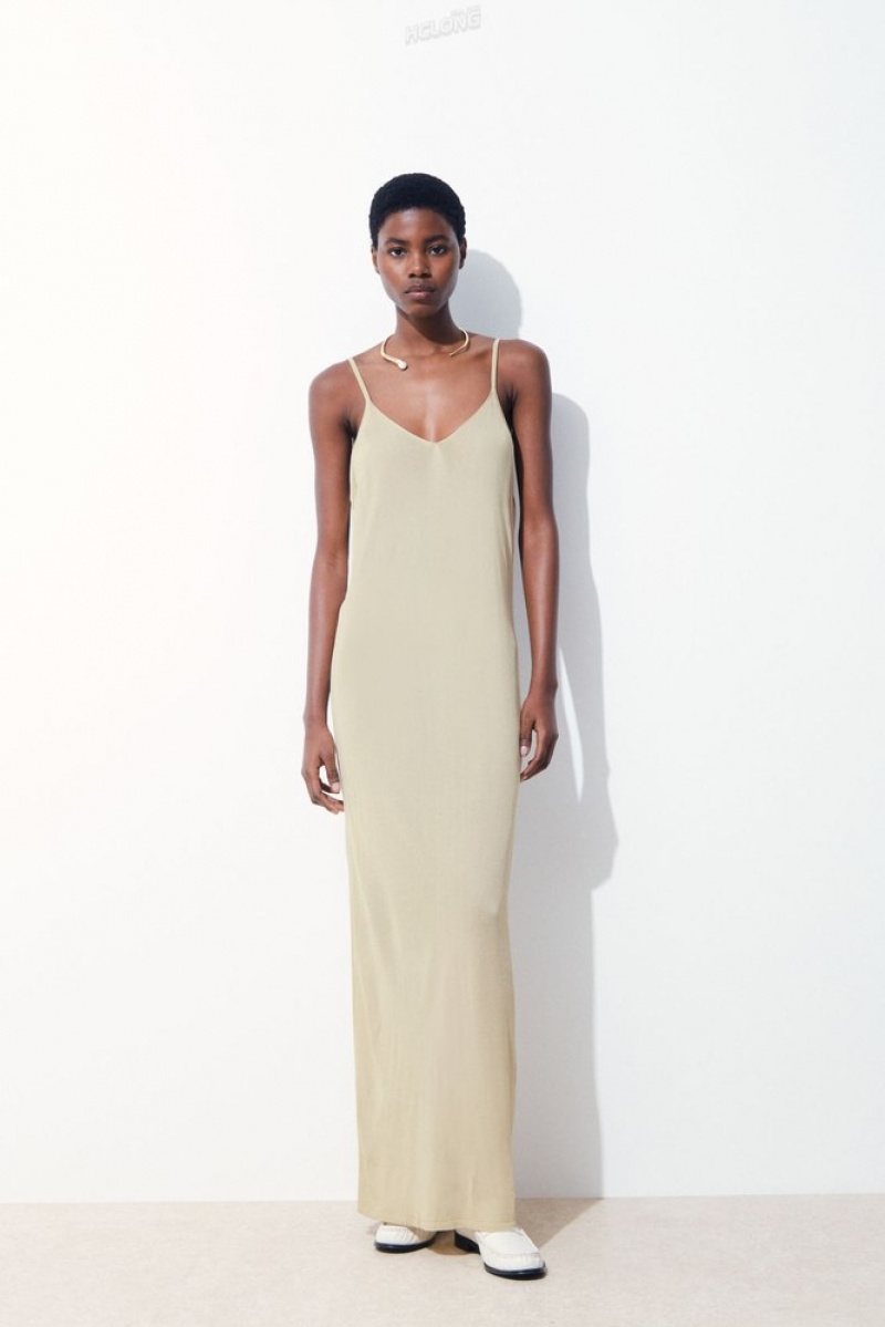 Light Beige COS The Sheer Knitted Slip Dress Dresses | 532409-HYT