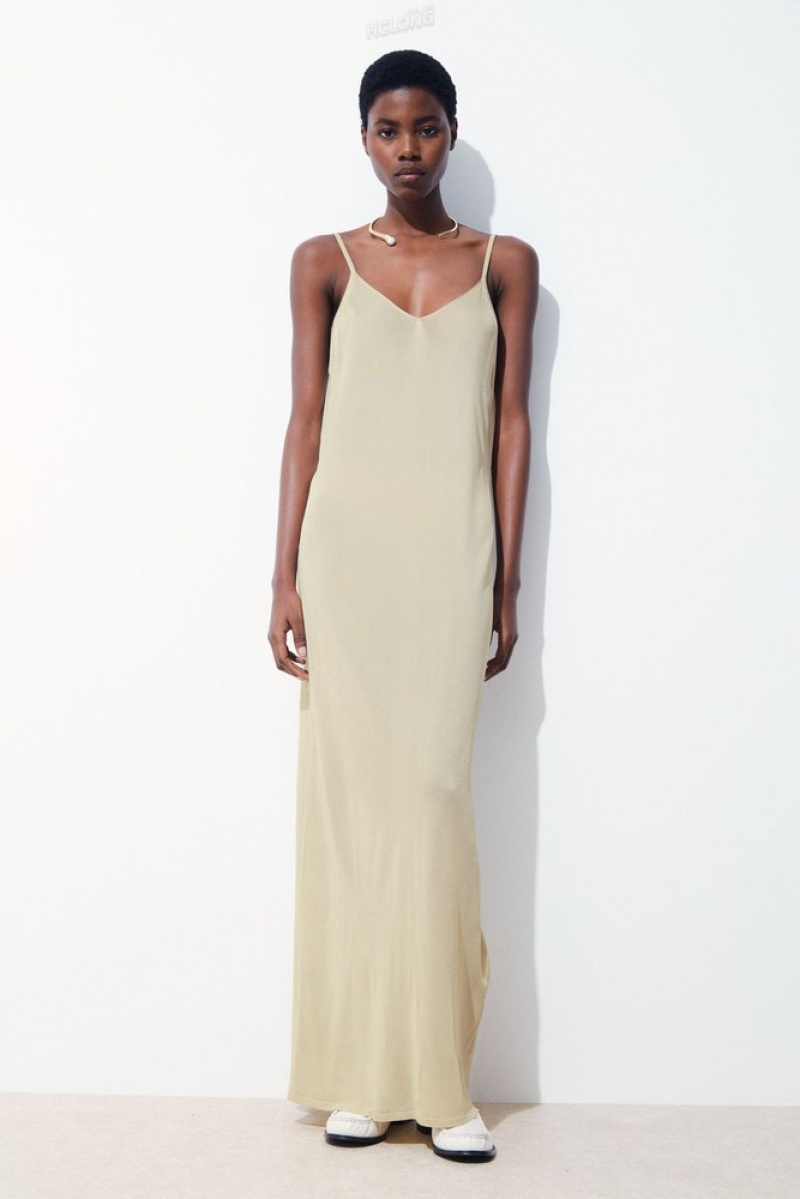 Light Beige COS The Sheer Knitted Slip Dress Dresses | 532409-HYT