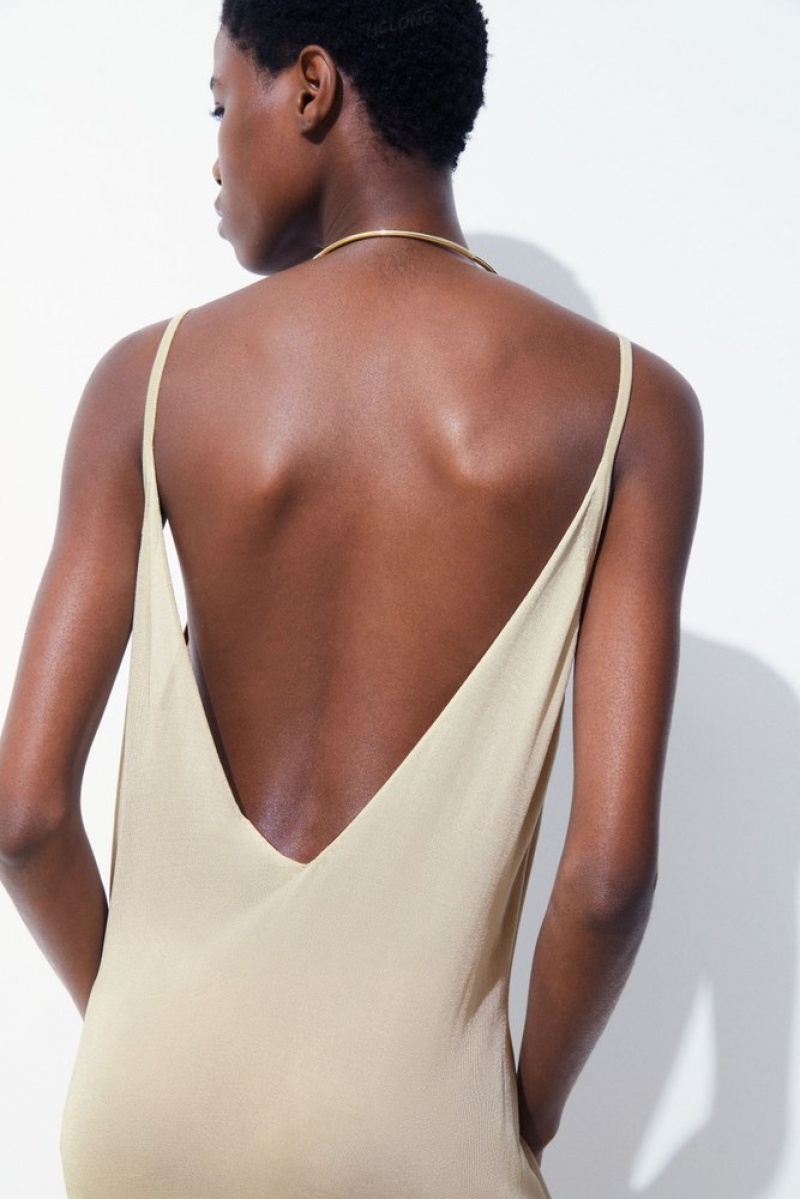 Light Beige COS The Sheer Knitted Slip Dress Dresses | 532409-HYT