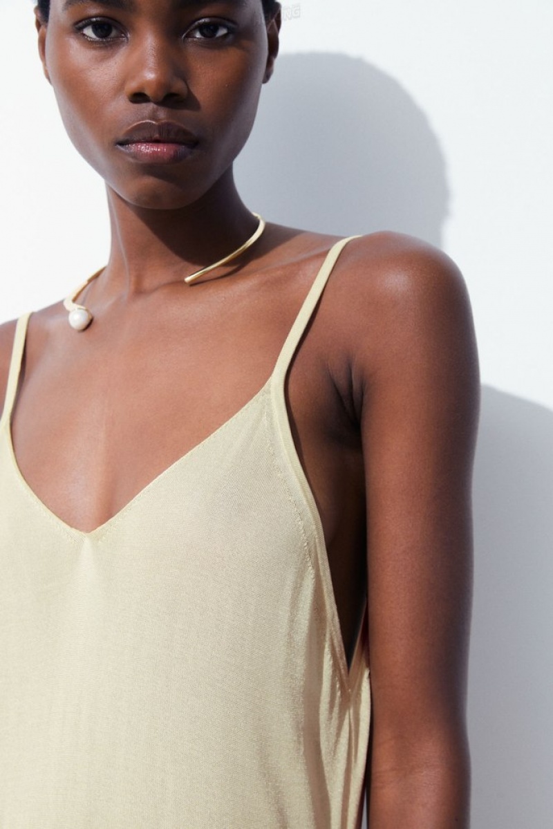 Light Beige COS The Sheer Knitted Slip Dress Dresses | 532409-HYT