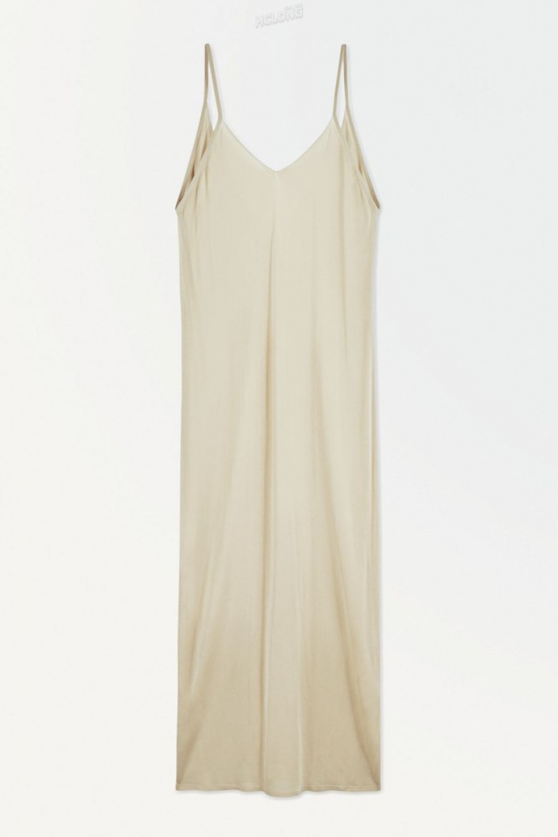 Light Beige COS The Sheer Knitted Slip Dress Dresses | 532409-HYT