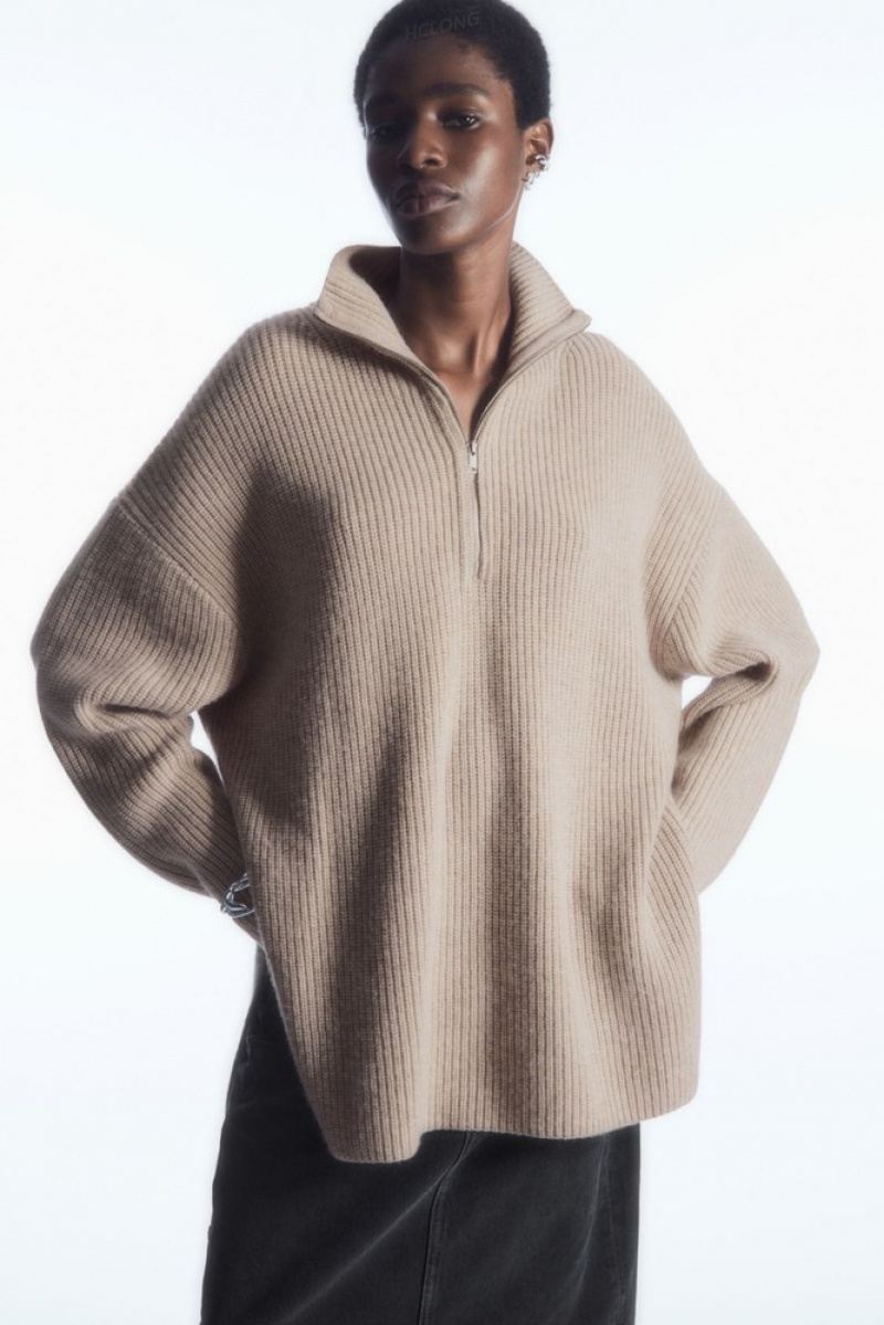 Light Beige MéLange COS Oversized Cashmere-Blend Half-Zip Jumper Knitwear & Cardigans | 148657-OZP