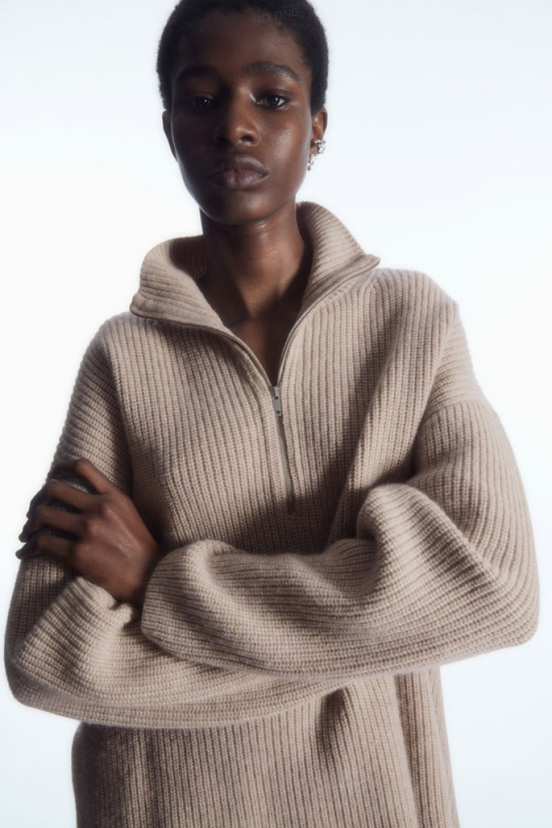 Light Beige MéLange COS Oversized Cashmere-Blend Half-Zip Jumper Knitwear & Cardigans | 148657-OZP