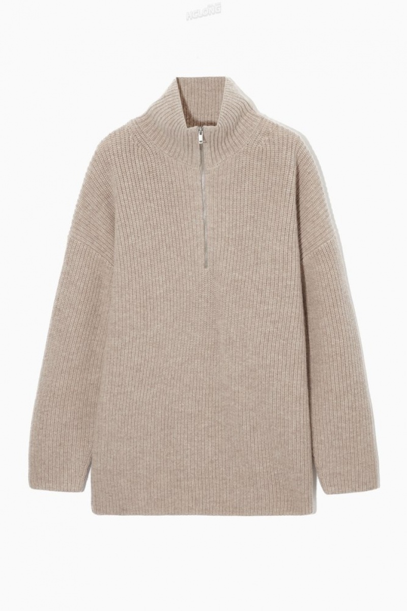 Light Beige MéLange COS Oversized Cashmere-Blend Half-Zip Jumper Knitwear & Cardigans | 148657-OZP