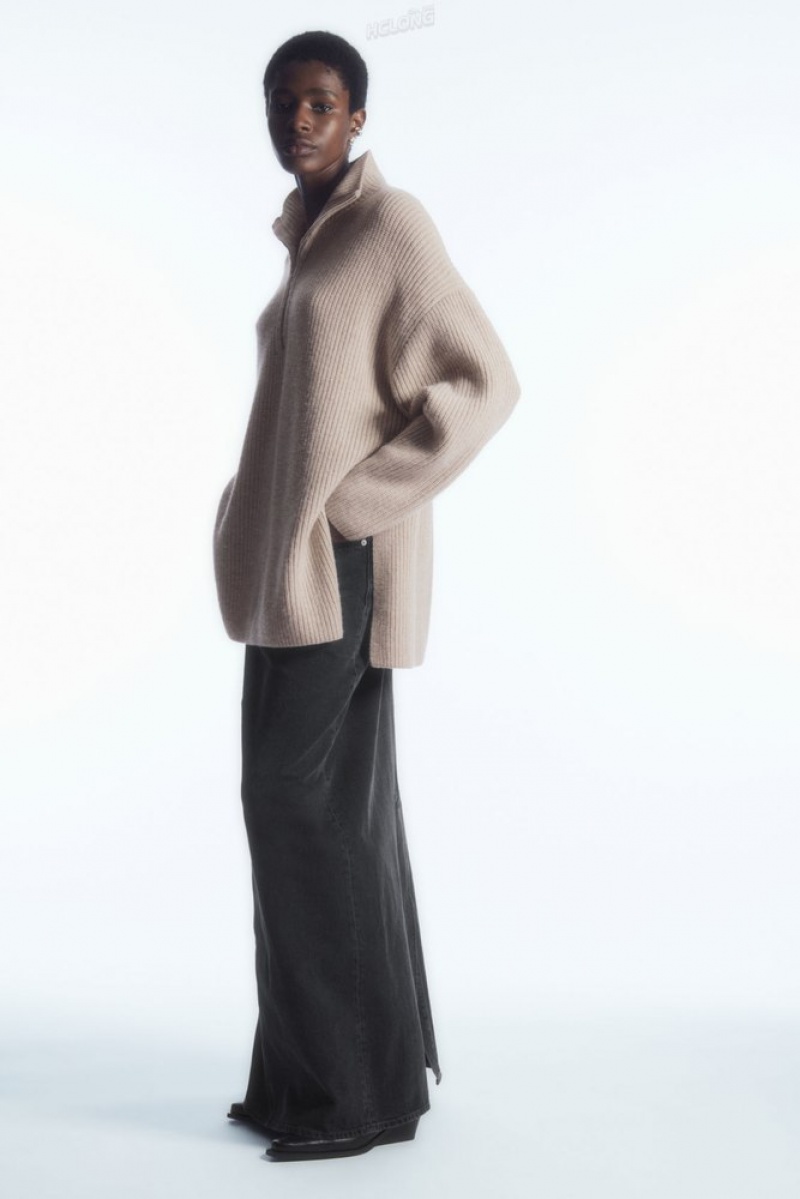 Light Beige MéLange COS Oversized Cashmere-Blend Half-Zip Jumper Knitwear & Cardigans | 148657-OZP